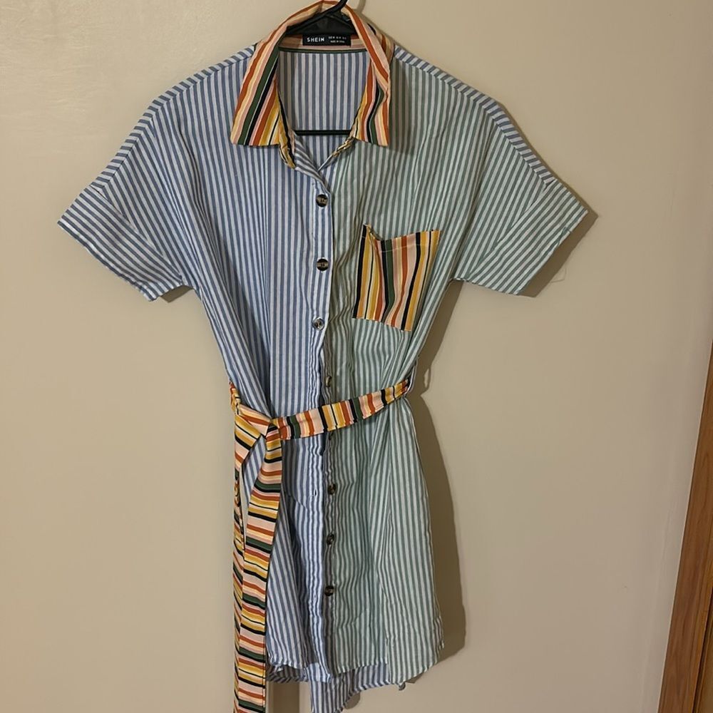 SHEIN Colorblock Striped Print Belted Shirt Dress size medium